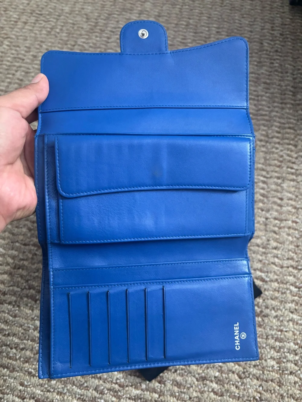 Authentic CHANEL Continental Quilted Patent Leather Wallet in Deep Blue